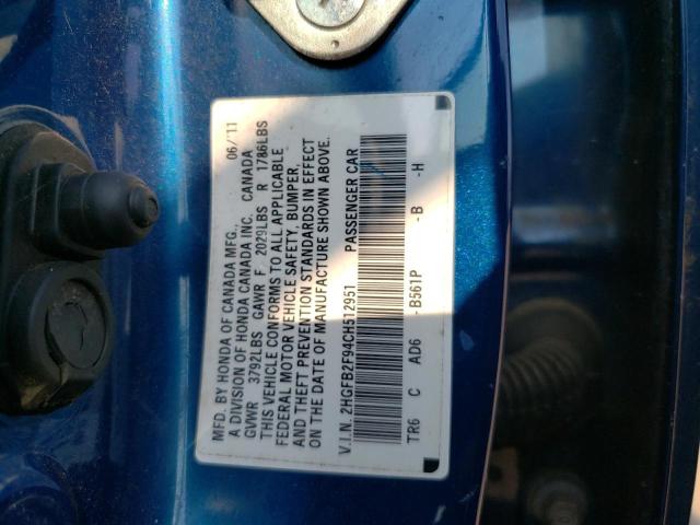 2HGFB2F94CH512951 - 2012 HONDA CIVIC EXL ლურჯი ფოტო 12