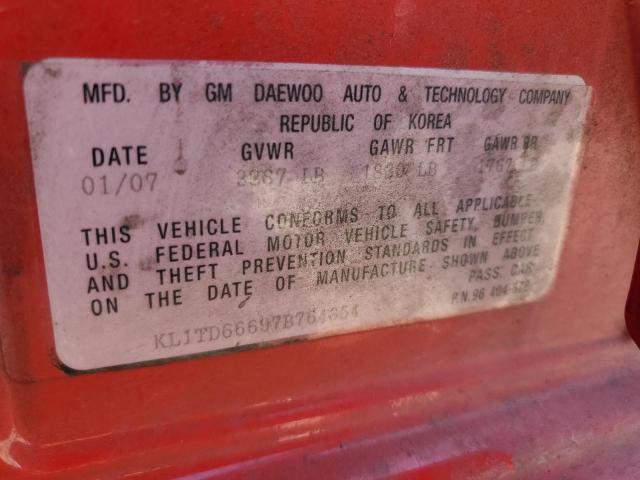 KL1TD66697B764354 - 2007 CHEVROLET AVEO BASE RED photo 12
