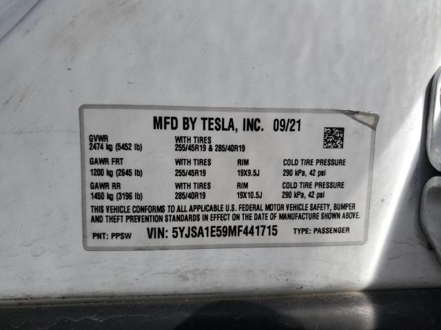 5YJSA1E59MF441715 - 2021 TESLA MODEL S WHITE photo 12