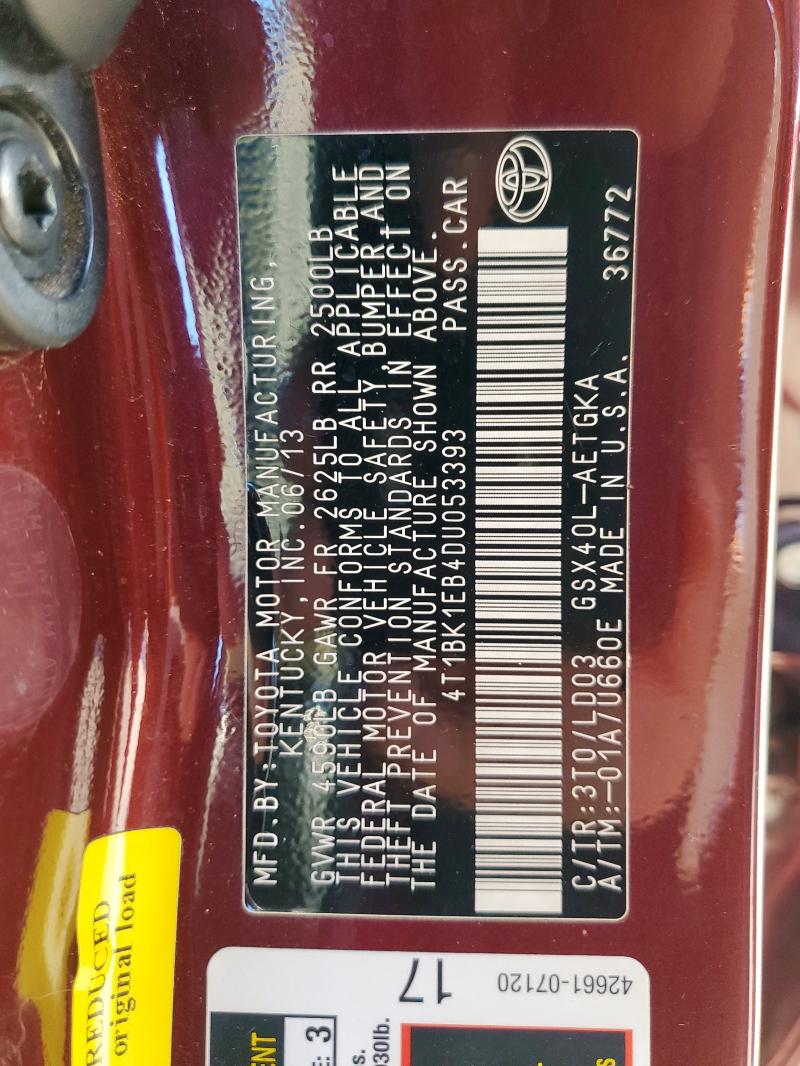4T1BK1EB4DU053393 - 2013 TOYOTA AVALON BASE BURGUNDY photo 12