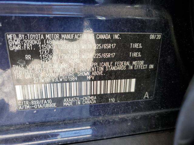 2T3W1RFV3LW101984 - 2020 TOYOTA RAV4 XLE BLUE photo 12