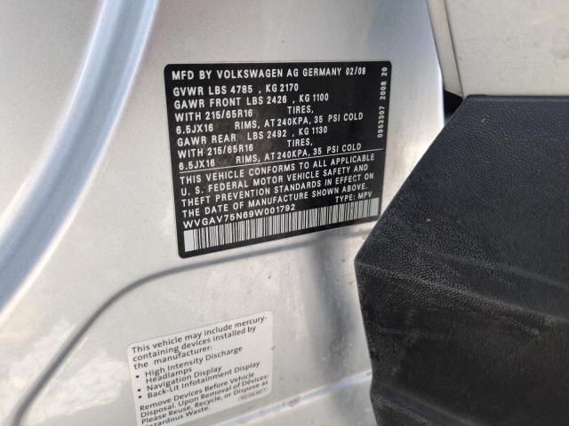 WVGAV75N69W001792 - 2009 VOLKSWAGEN TIGUAN S SILVER photo 12