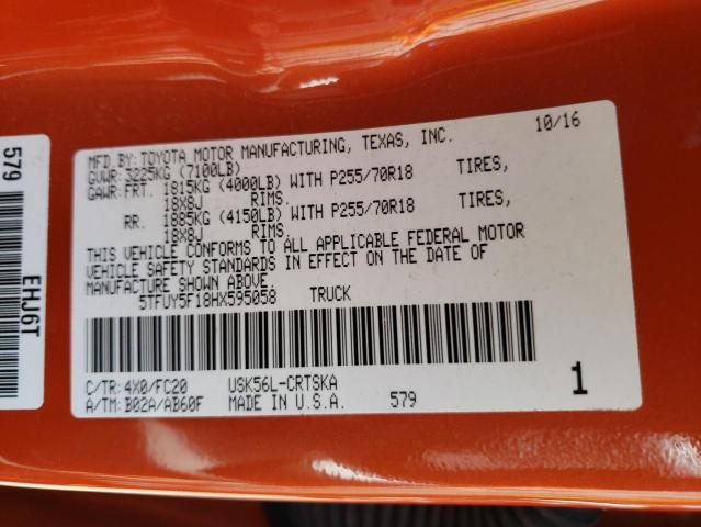 5TFUY5F18HX595058 - 2017 TOYOTA TUNDRA DOUBLE CAB SR/SR5 ORANGE photo 13