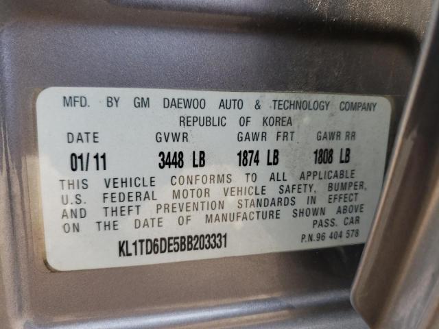 KL1TD6DE5BB203331 - 2011 CHEVROLET AVEO LS 灰色 照片 12