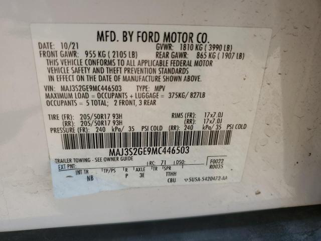 MAJ3S2GE9MC446503 - 2021 FORD ECOSPORT SE WHITE photo 12