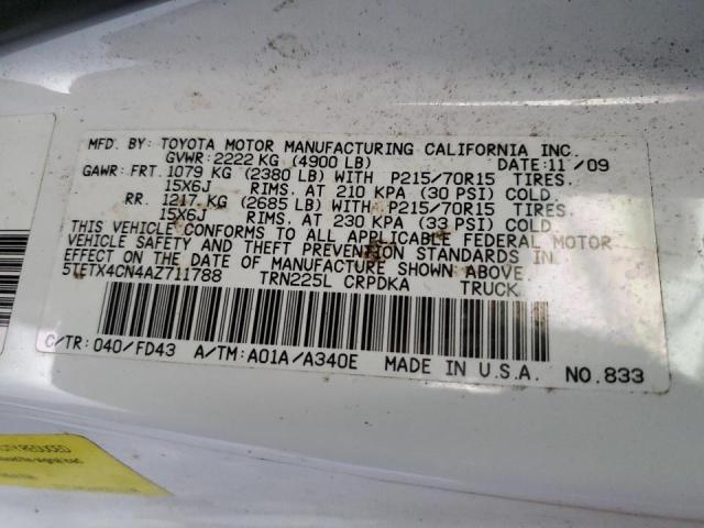 5TETX4CN4AZ711788 - 2010 TOYOTA TACOMA ACCESS CAB თეთრი ფოტო 10