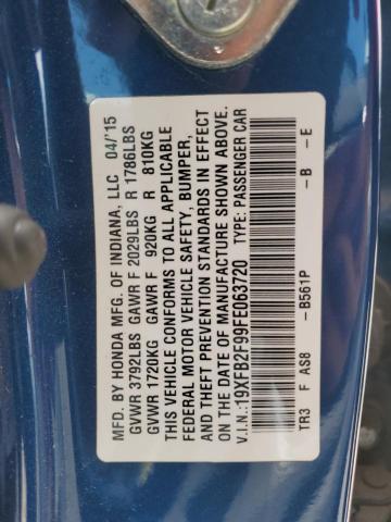 19XFB2F99FE063720 - 2015 HONDA CIVIC EXL BLUE photo 12