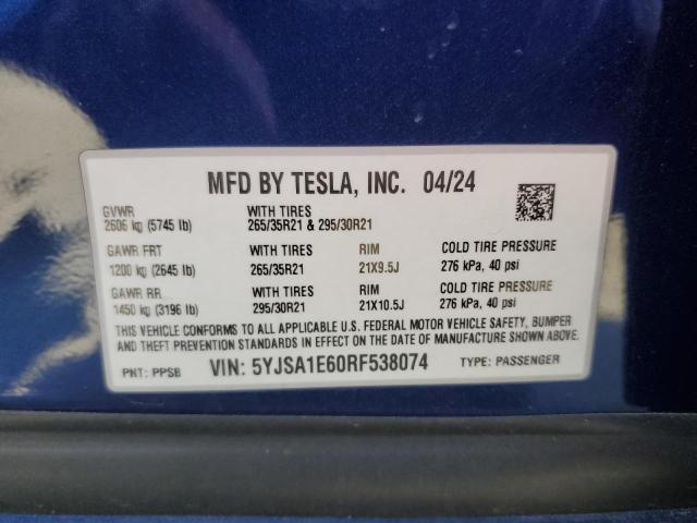 5YJSA1E60RF538074 - 2024 TESLA MODEL S 蓝色 照片 13