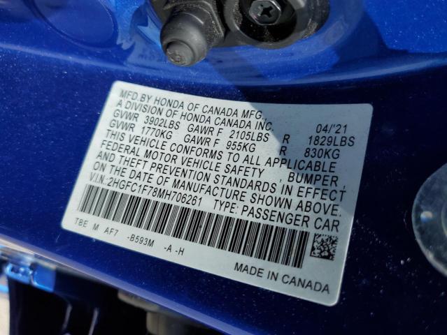 2HGFC1F78MH706261 - 2021 HONDA CIVIC EXL ლურჯი ფოტო 12