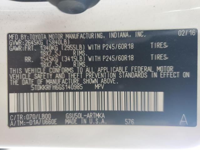 5TDKKRFH6GS140985 - 2016 TOYOTA HIGHLANDER XLE WHITE photo 13