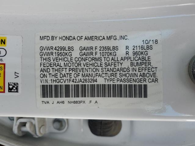 1HGCV1F42JA263294 - 2018 HONDA ACCORD EX 白色 照片 12