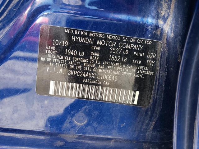 3KPC24A6XLE106646 - 2020 HYUNDAI ACCENT SE BLUE photo 12