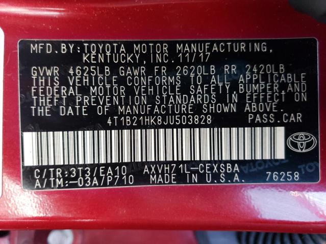 4T1B21HK8JU503828 - 2018 TOYOTA CAMRY HYBRID BURGUNDY photo 12