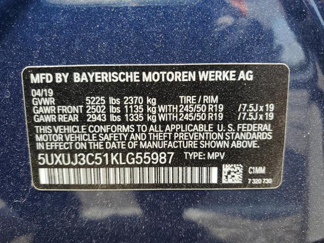 5UXUJ3C51KLG55987 - 2019 BMW X4 XDRIVE30I BLUE photo 13