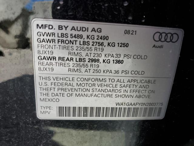 WA1GAAFY0N2003775 - 2022 AUDI Q5 PREMIUM 45 BLACK photo 12