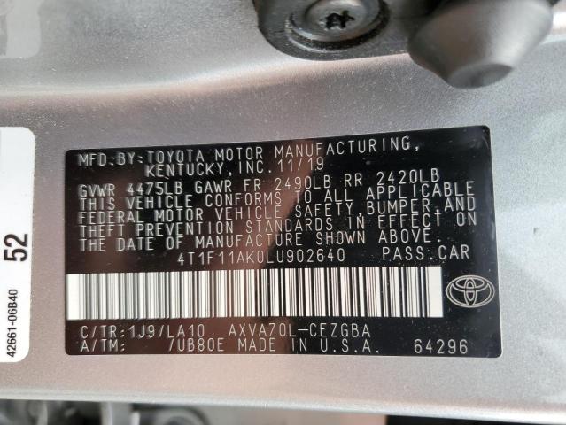 4T1F11AK0LU902640 - 2020 TOYOTA CAMRY XLE GRAY photo 12