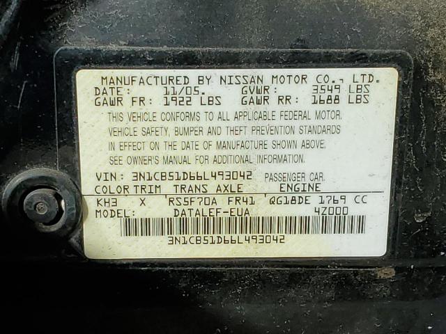 3N1CB51D66L493042 - 2006 NISSAN SENTRA 1.8 BLACK photo 12