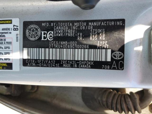 2T1KU40E69C100266 - 2009 TOYOTA COROLLA MA SILVER photo 12