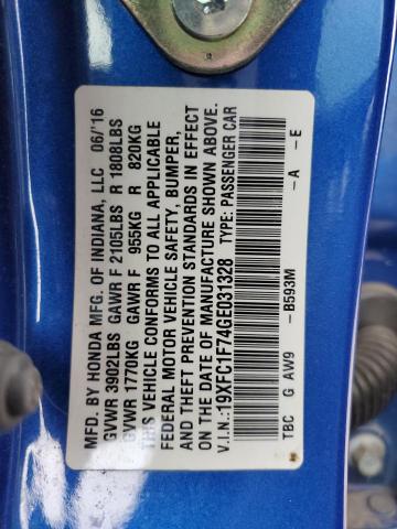 19XFC1F74GE031328 - 2016 HONDA CIVIC EXL BLUE photo 12