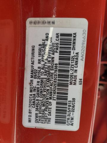 2T1KR32E83C079386 - 2003 TOYOTA COROLLA MA XR RED photo 12