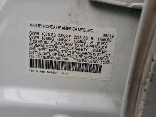 19UDE2F38KA010984 - 2019 ACURA ILX WHITE photo 12