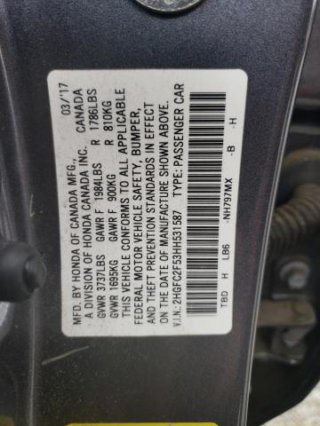 2HGFC2F53HH531587 - 2017 HONDA CIVIC LX GRAY photo 13