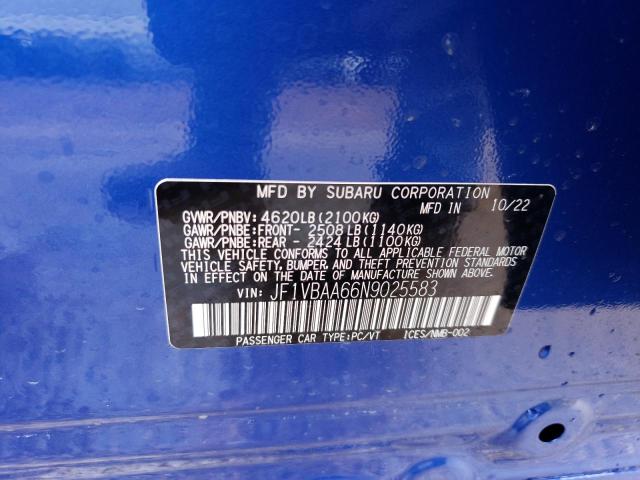 JF1VBAA66N9025583 - 2022 SUBARU WRX BLUE photo 13