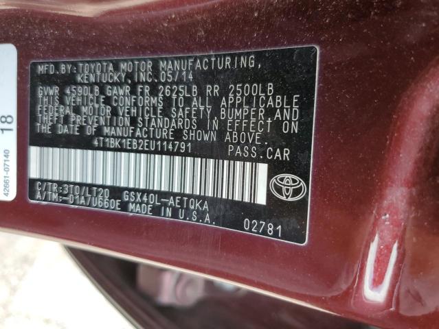4T1BK1EB2EU114791 - 2014 TOYOTA AVALON BASE 勃艮第红 照片 13
