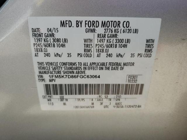 1FM5K7D86FGC63064 - 2015 FORD EXPLORER XLT SILVER photo 13