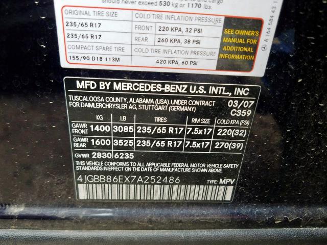 4JGBB86EX7A252486 - 2007 MERCEDES-BENZ ML 350 BLUE photo 10