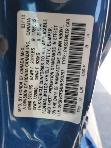 2HGFB2F94DH540797 - 2013 HONDA CIVIC EXL 蓝色 照片 12