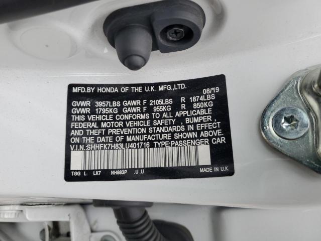 SHHFK7H83LU401716 - 2020 HONDA CIVIC EXL თეთრი ფოტო 12