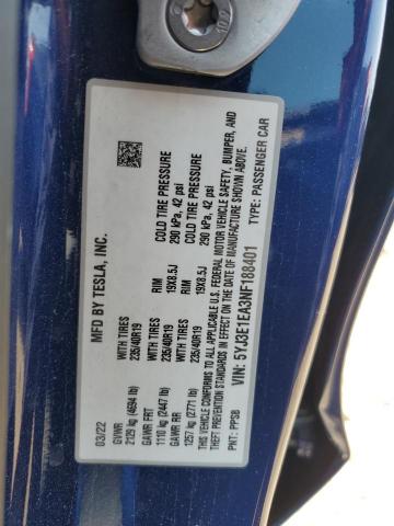 5YJ3E1EA3NF188401 - 2022 TESLA MODEL 3 BLUE photo 13