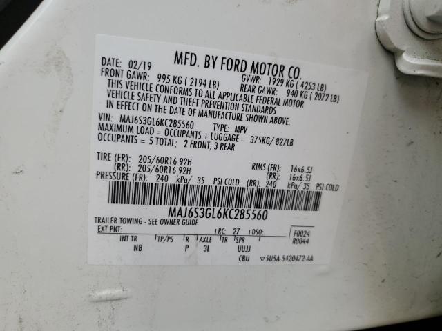 MAJ6S3GL6KC285560 - 2019 FORD ECOSPORT SE თეთრი ფოტო 13