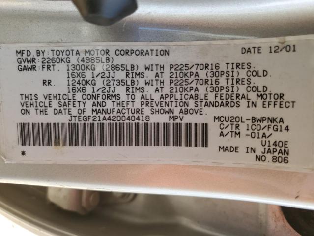 JTEGF21A420040418 - 2002 TOYOTA HIGHLANDER LIMITED SILVER photo 13