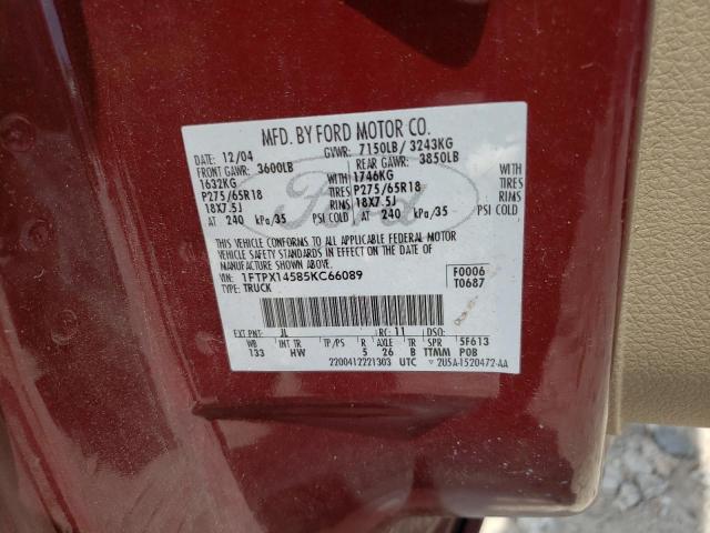 1FTPX14585KC66089 - 2005 FORD F-150 MAROON photo 12