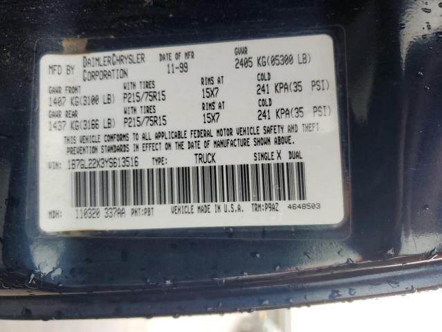 1B7GL22X3YS613516 - 2000 DODGE DAKOTA BLUE photo 12