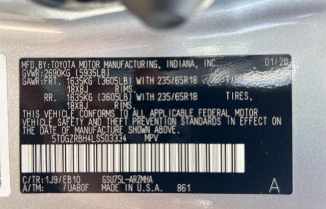 5TDGZRBH4LS503334 - 2020 TOYOTA HIGHLANDER XLE Gümüş foto 10