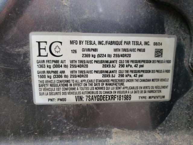 7SAYGDEEXRF181989 - 2024 TESLA MODEL Y GRAY photo 12