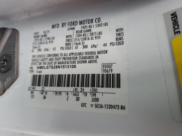 NM0LS7S28N1513106 - 2022 FORD TRANSIT CONNECT XL WHITE photo 13