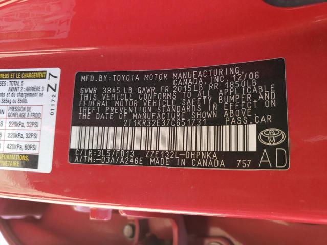 2T1KR32E37C651731 - 2007 TOYOTA COROLLA MA XR RED photo 13