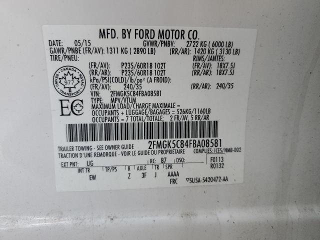 2FMGK5C84FBA08581 - 2015 FORD FLEX SEL WHITE photo 13