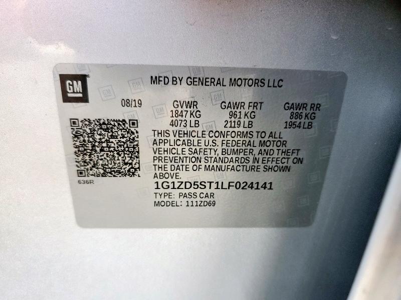 1G1ZD5ST1LF024141 - 2020 CHEVROLET MALIBU LT 银色 照片 12