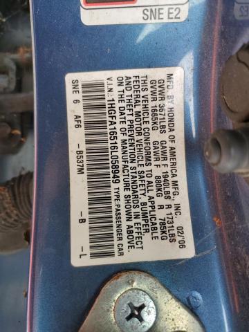 1HGFA16516L058949 - 2006 HONDA CIVIC LX BLUE photo 12