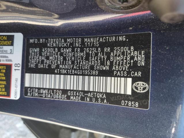 4T1BK1EB4GU195389 - 2016 TOYOTA AVALON XLE BLUE photo 13