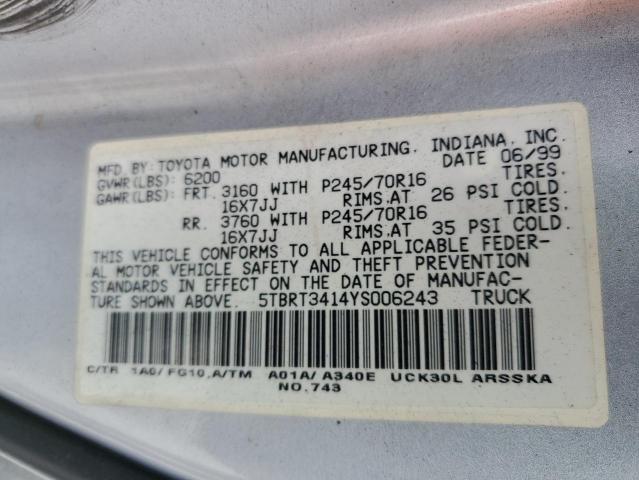 5TBRT3414YS006243 - 2000 TOYOTA TUNDRA ACCESS CAB 灰色 照片 12