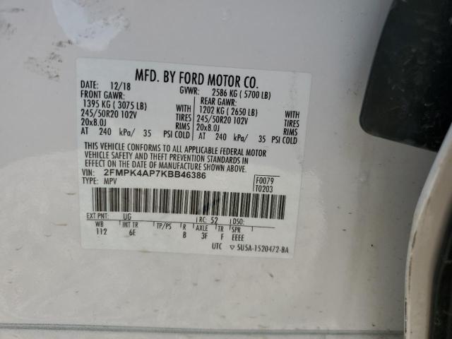 2FMPK4AP7KBB46386 - 2019 FORD EDGE ST WHITE photo 12