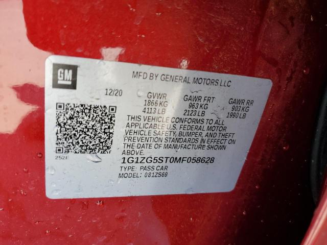 1G1ZG5ST0MF058628 - 2021 CHEVROLET MALIBU RS 勃艮第红 照片 12