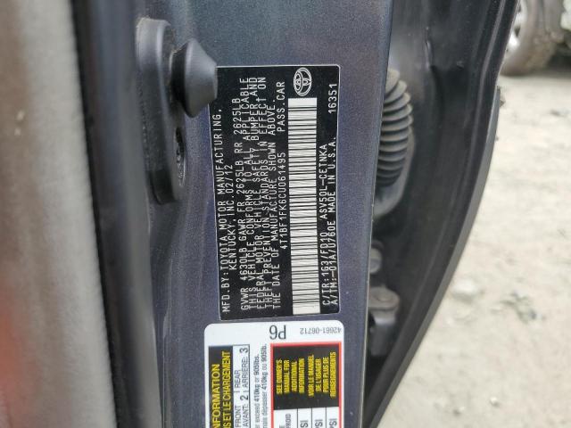 4T1BF1FK6CU061495 - 2012 TOYOTA CAMRY BASE GRAY photo 12