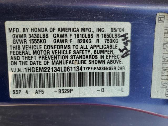 1HGEM22134L061134 - 2004 HONDA CIVIC DX VP Mavi foto 12